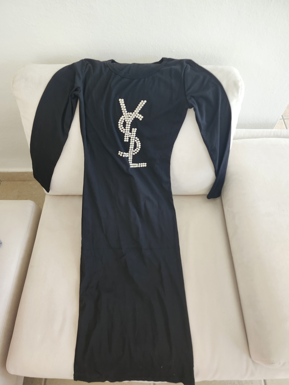 Black Long Sleeve Dress with Rhinestone Logo Detail